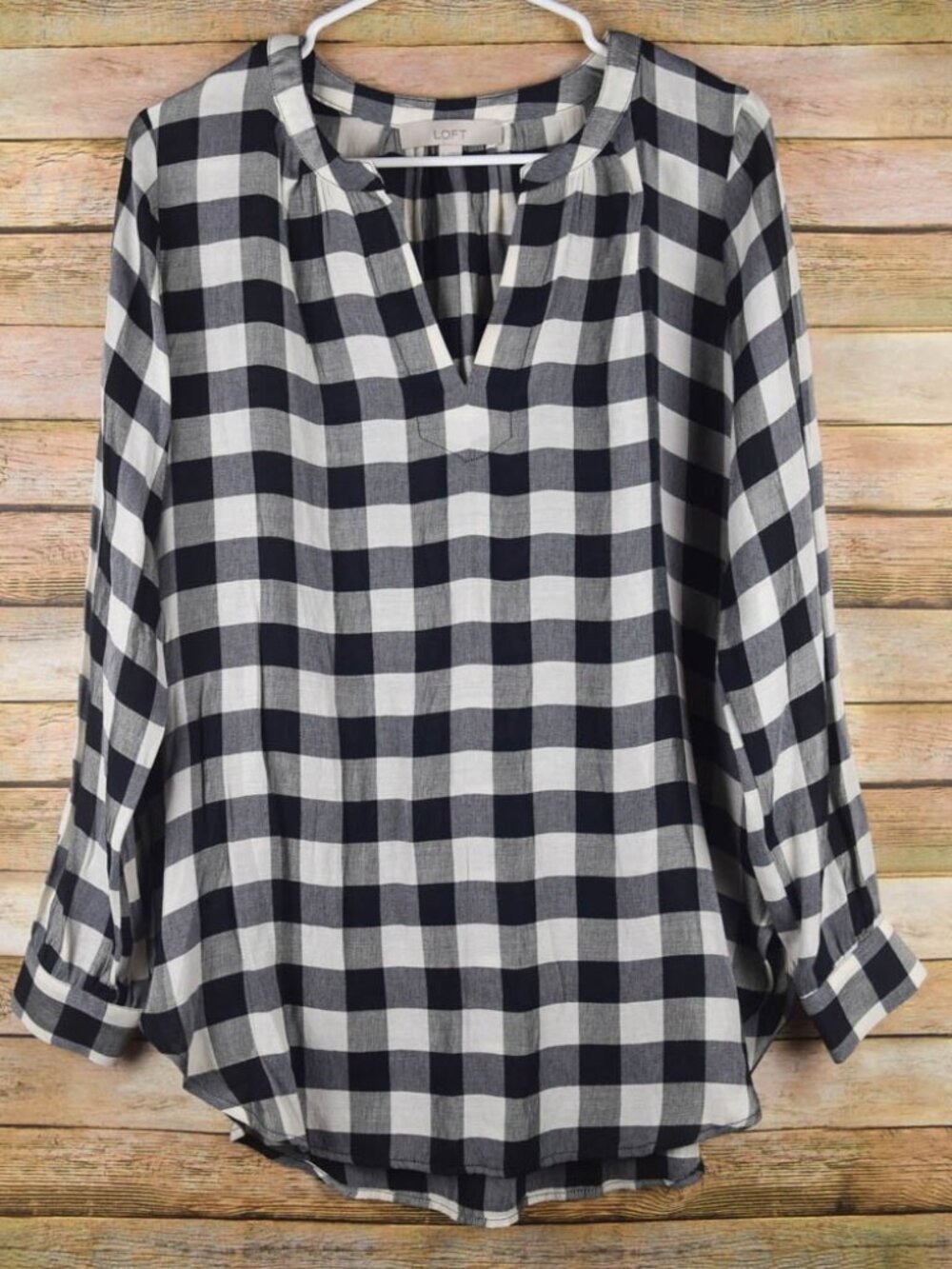 Loft Womens S Small Black White Buffalo Check V-Neck Popover Tunic Blouse Top